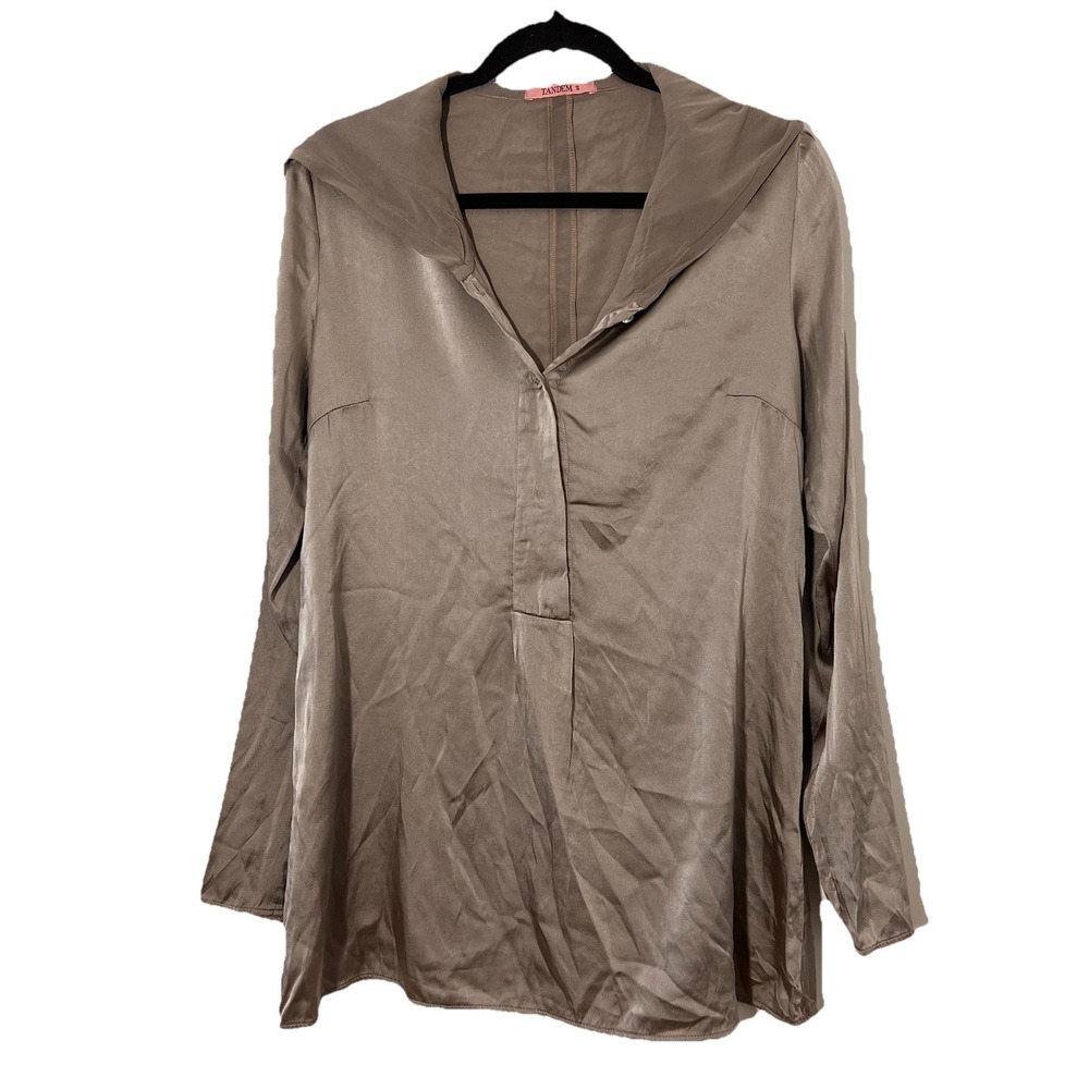 Tandem Silk Hooded‎ Tunic Blouse Size 40 Taupe Satiny Layering Luxurious Italy